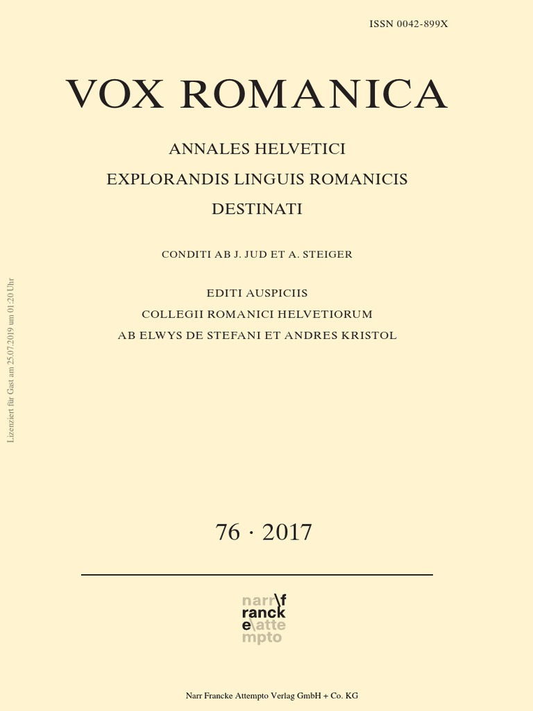 Vox Romanica Annales Helvetici Explorandis Linguis Romanicis Destinati Linguistique Semiotique