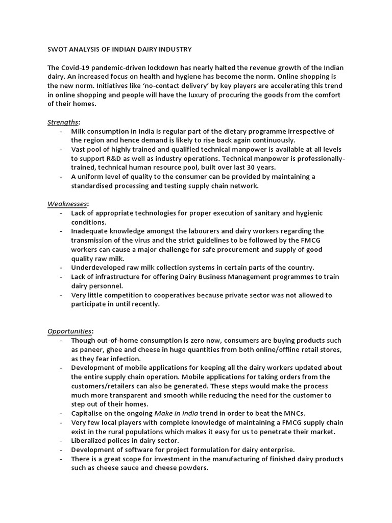 SWOT Analysis Dairy Indsutry PDF Dairy Milk