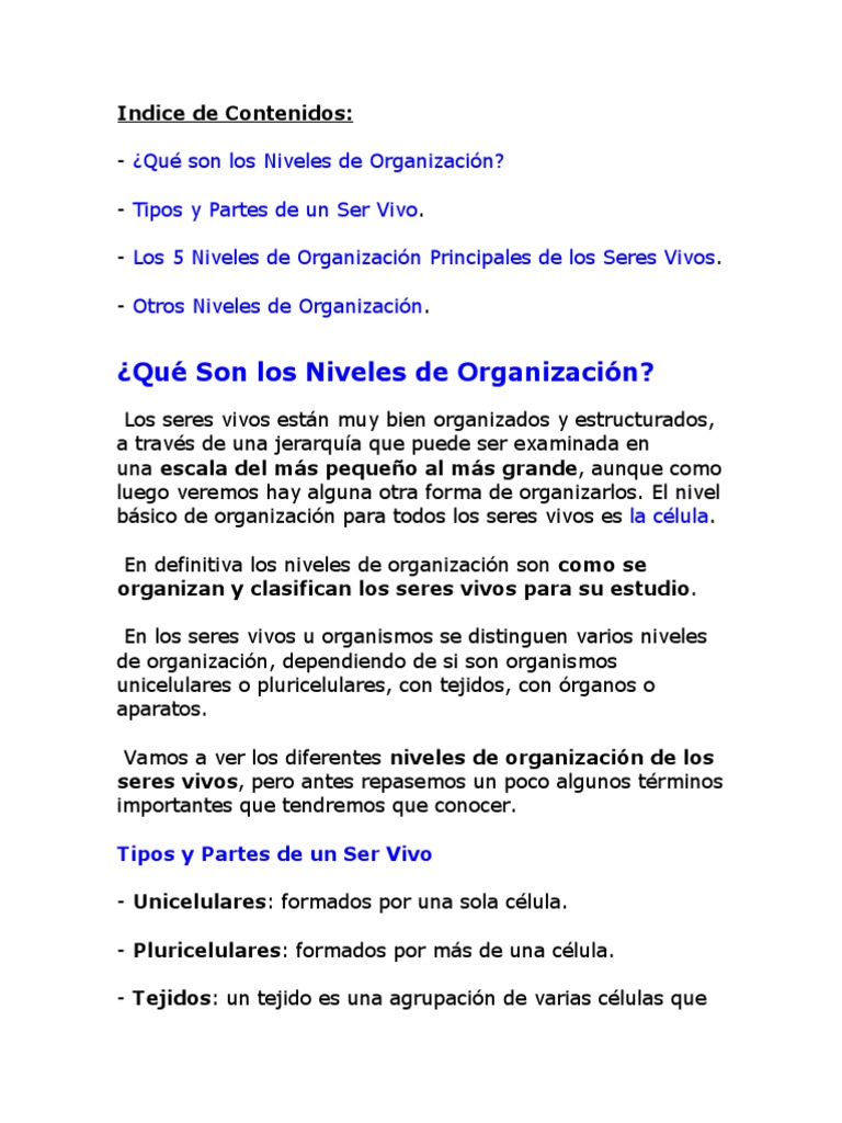Niveles de Organización en Seres Vivos | PDF | Organismos | Tejido ...