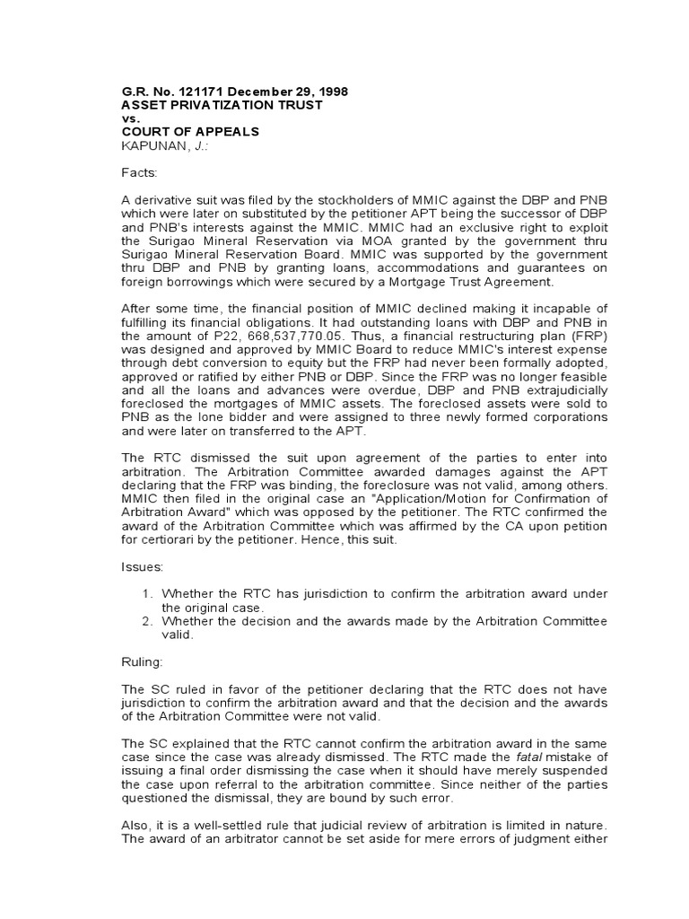 G.R. No. 121171 December 29, 1998 Asset Privatization Trust vs. Court
