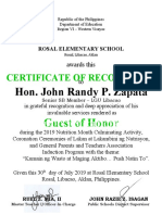 Hon. John Randy P. Zapata: Certificate of Recognition