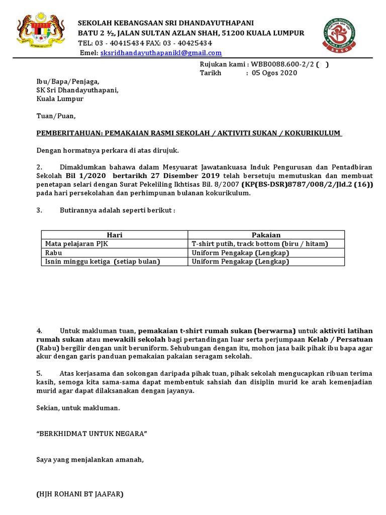 Surat Pekeliling Pelajar Pakai Baju Pj