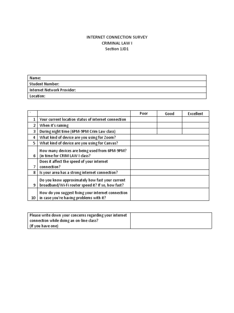 Internet Connection Survey for Crim Law I | PDF | Technology & Engineering