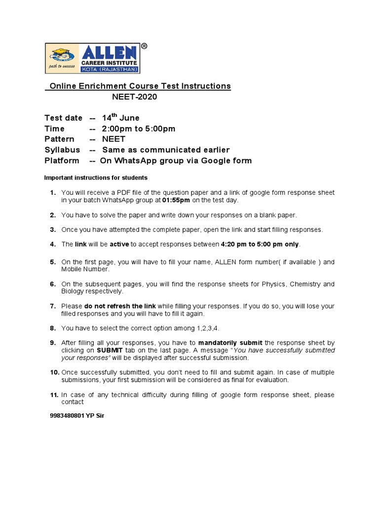 NEET Online Test Instructions 2020 | PDF