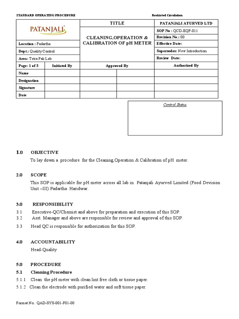 pH Meter SOP PDF Ph Physical Sciences
