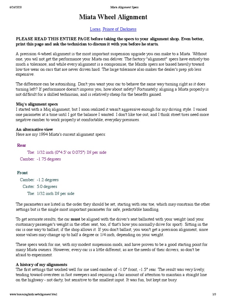 Miata Alignment Specs PDF Transportation Engineering Wheel