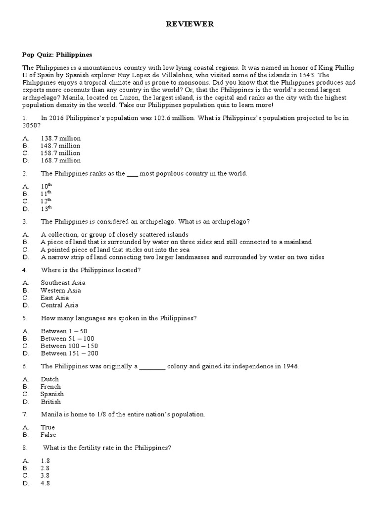 Reviewer Pop Quiz Philippines PDF Philippines Economies