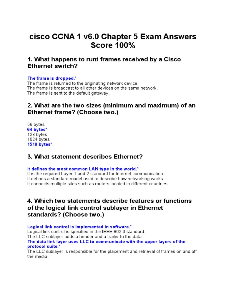 Ccna 1 Chapter 5 Exam Answers