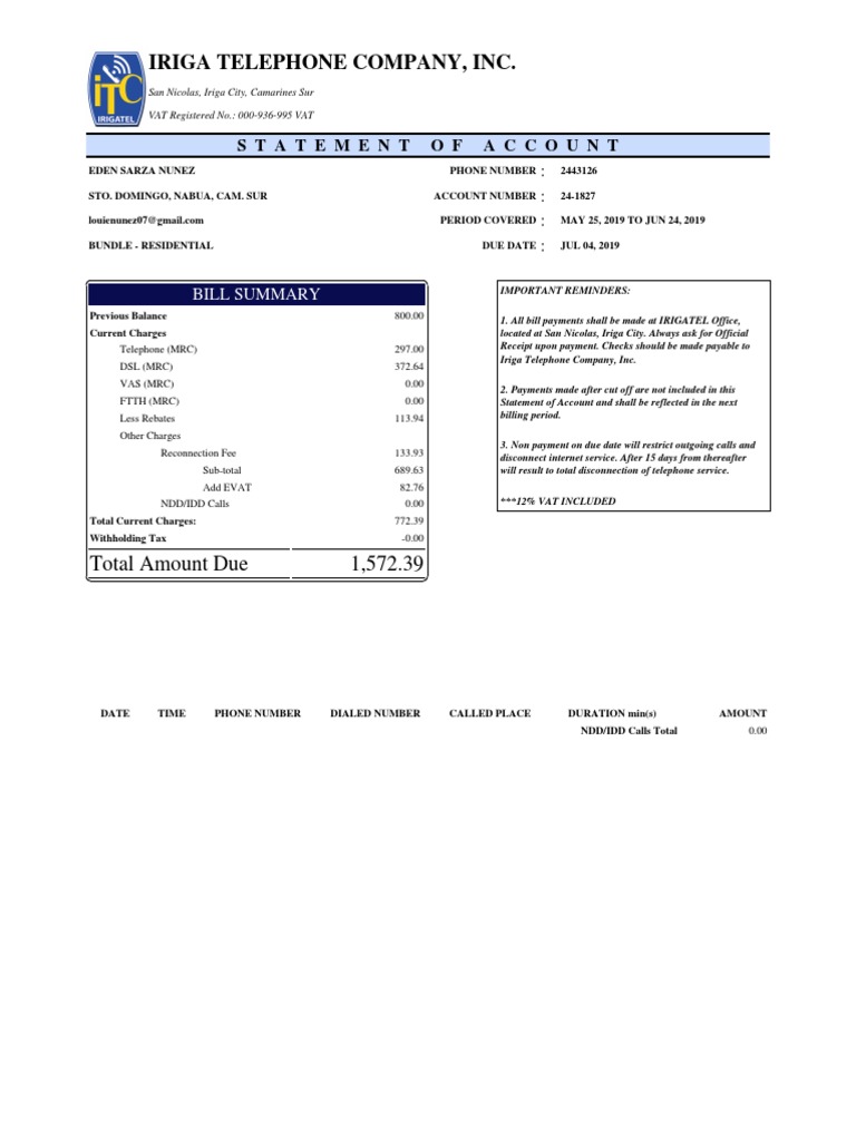 Statement of Account for Residential Telephone and Internet Services ...