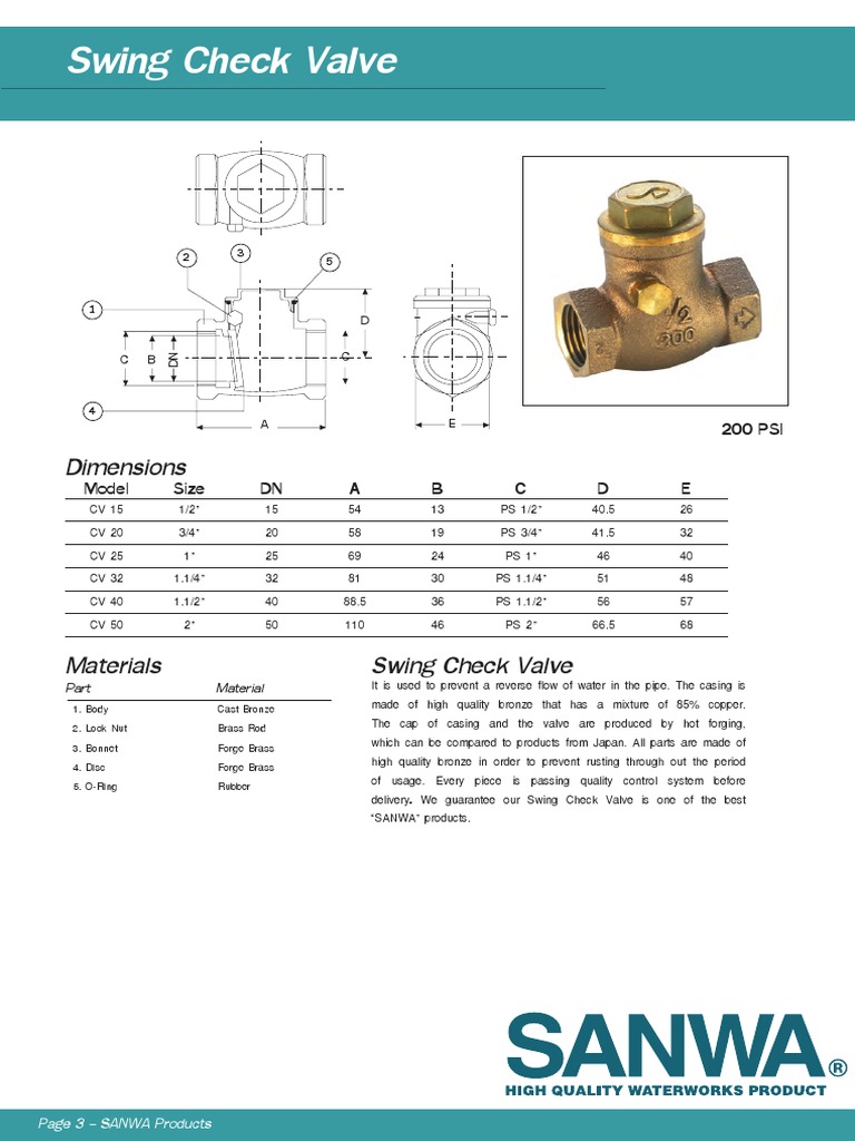 Sanwa Swing Check Valve Specifications | PDF | Technology & Engineering