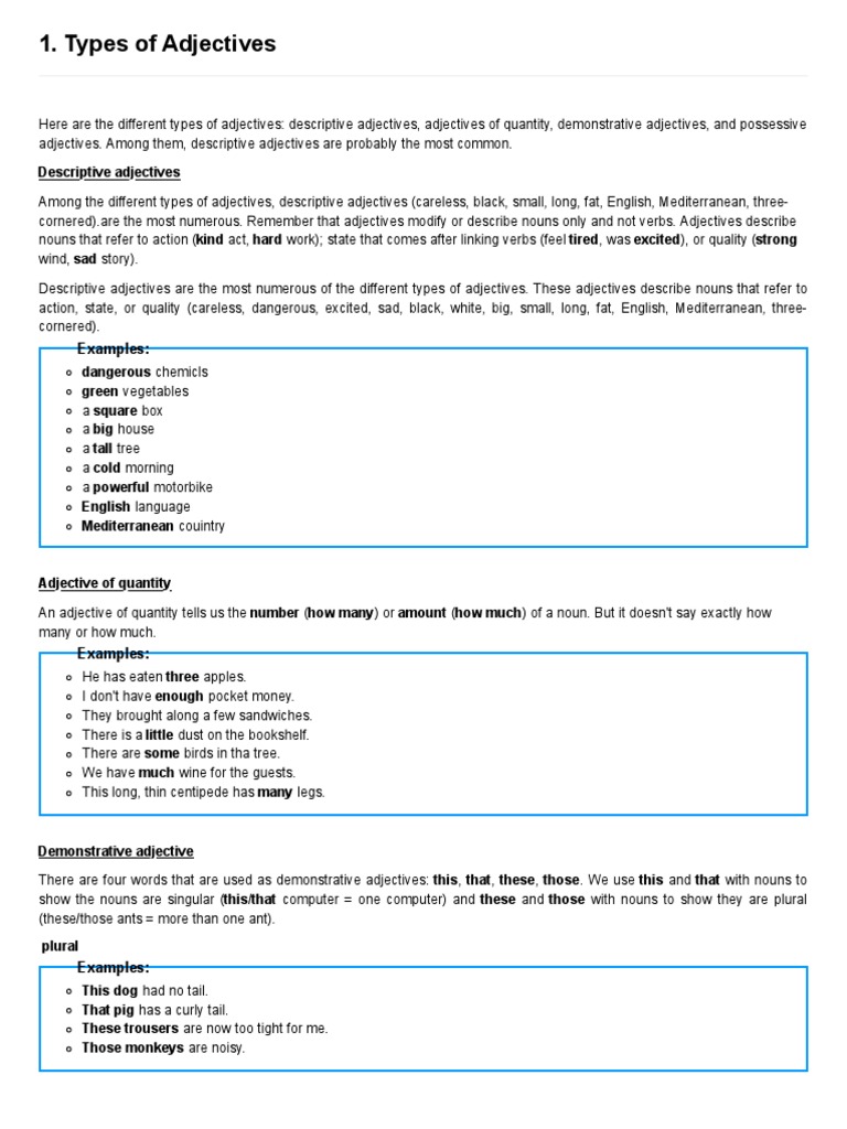 Types of Adjectives Explained | PDF | Adjective | Grammatical Number