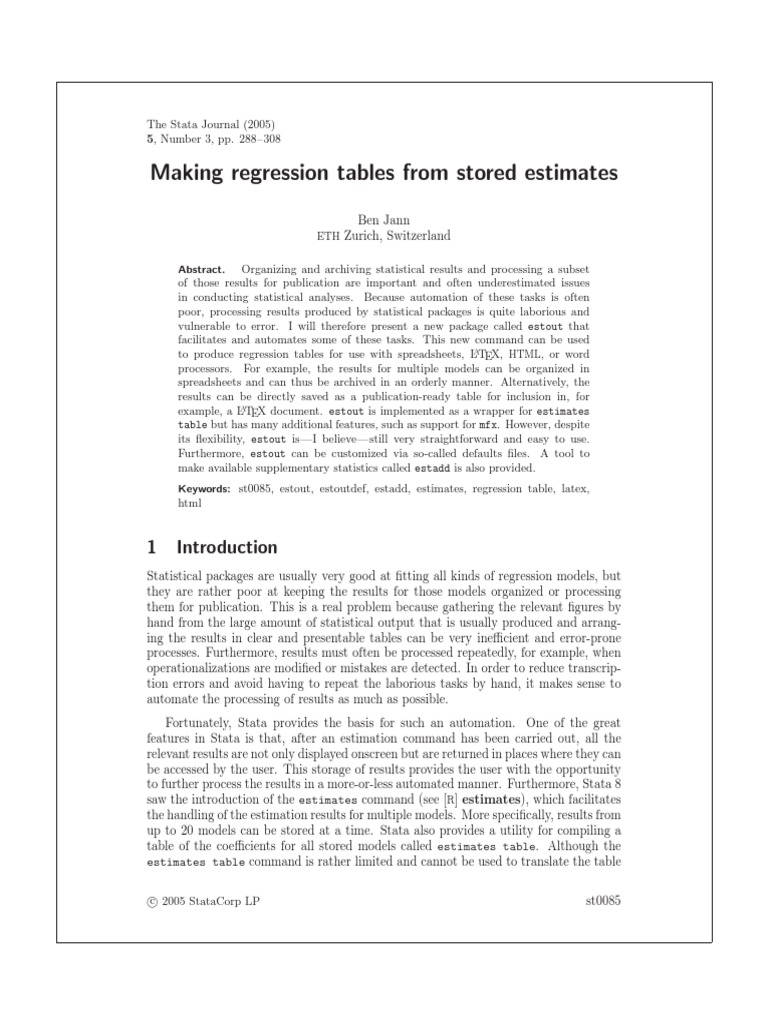 Making Regression Tables From Stored Estimates PDF Statistics