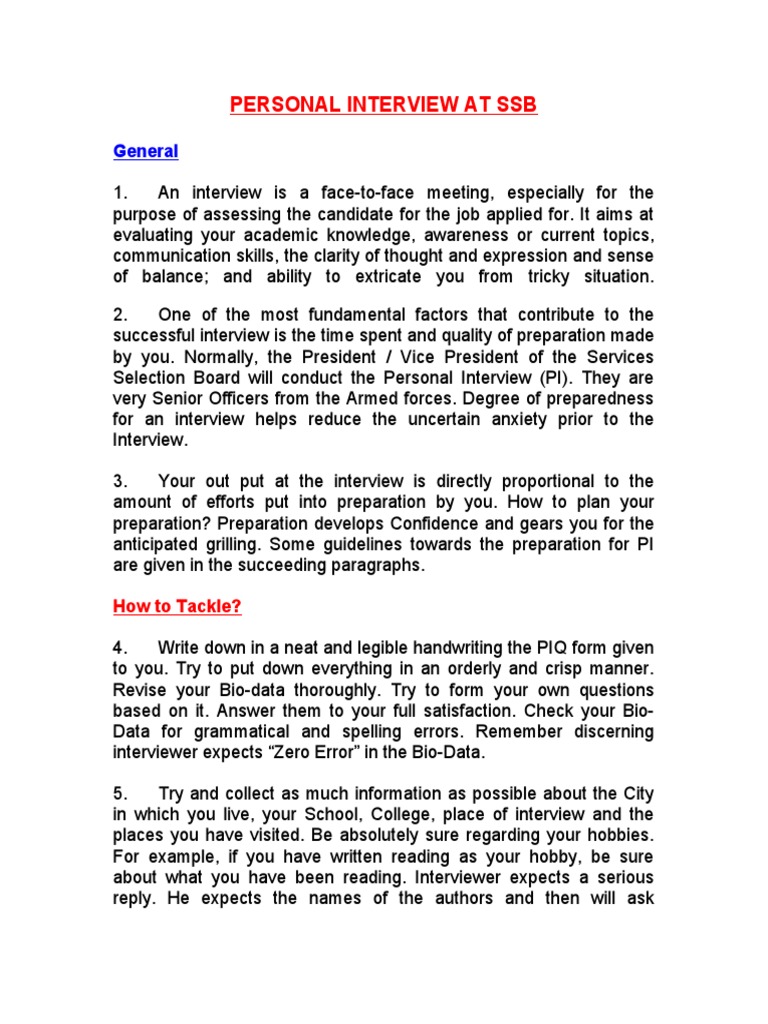 SSB Personal Interview Preparation Guide | PDF | Interview ...