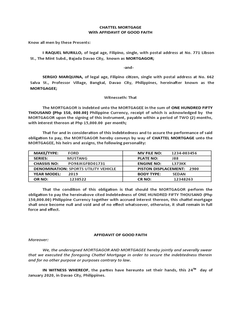 Chattel Mortgage With Affidavit of Good PDF Real Property Law Mortgage Law