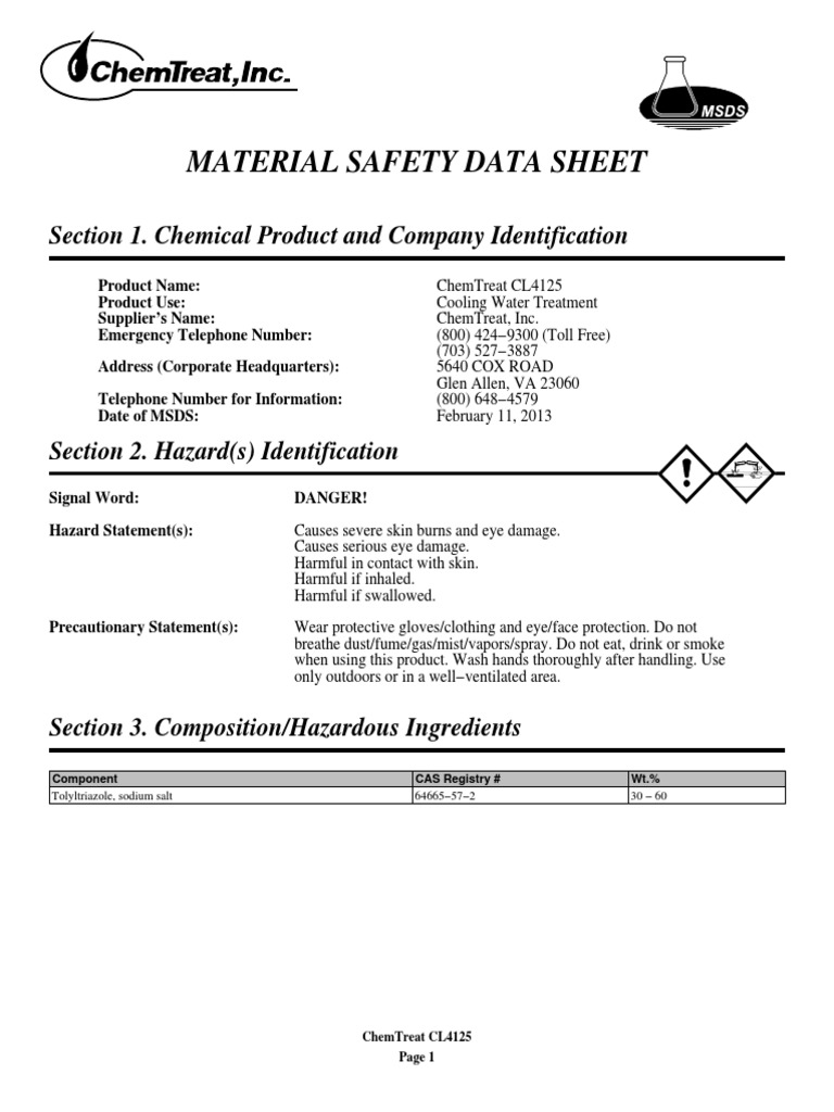 MSDS ChemTreat CL4125 PDF Personal Protective Equipment Dangerous