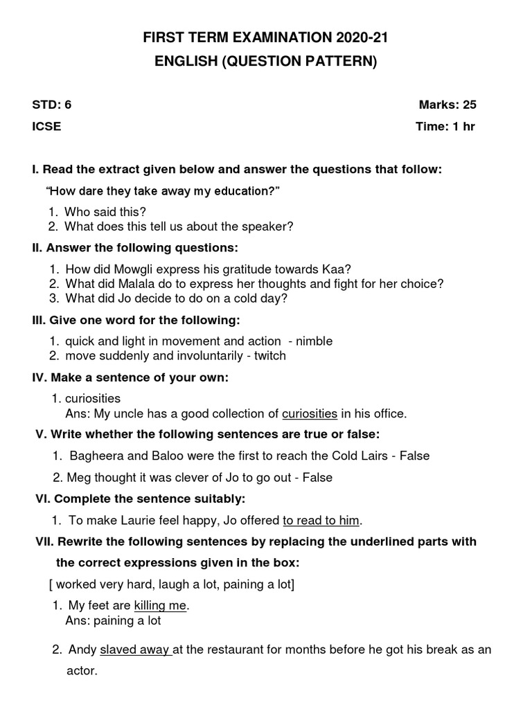 ICSE Class 6 English Question Pattern PDF PDF Kaa Syntax