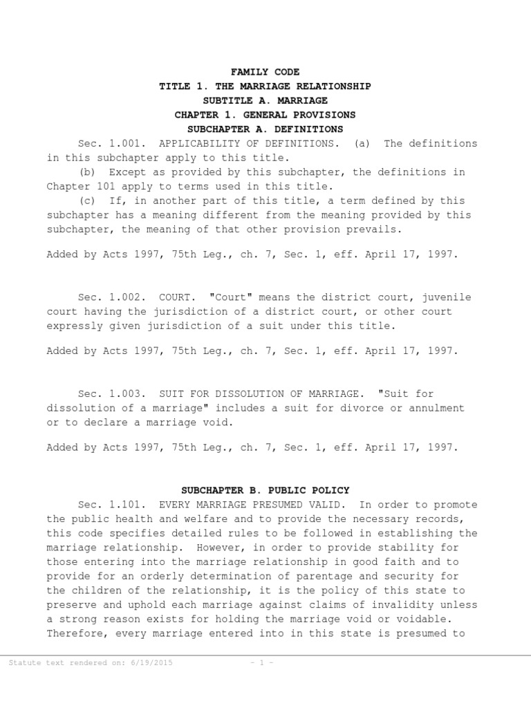 Texas Family Code: Marriage Provisions | PDF | Identity Document | Hiv/Aids