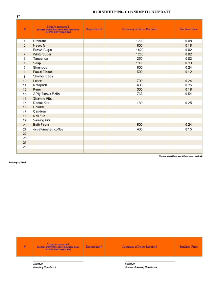 Housekeeping Consumption Log Sheet | PDF | Business