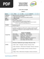 Types of Analogies: Activity Sheet in English Grade 7