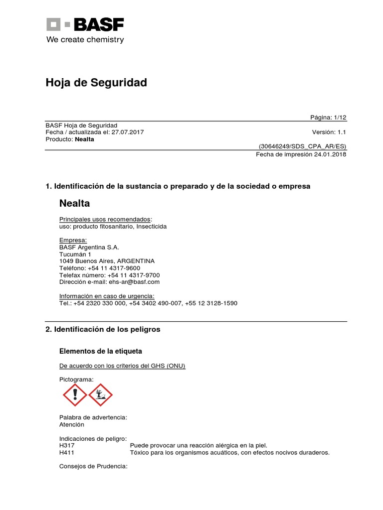 Hoja de Seguridad Nealta Insecticida | PDF | Toxicidad | Agua