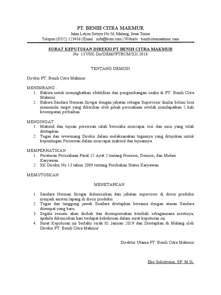Surat Demosi Karyawan Swasta