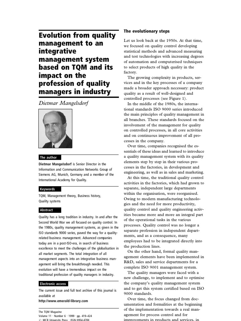 Evolution From Quality Management To An Integrative Management System