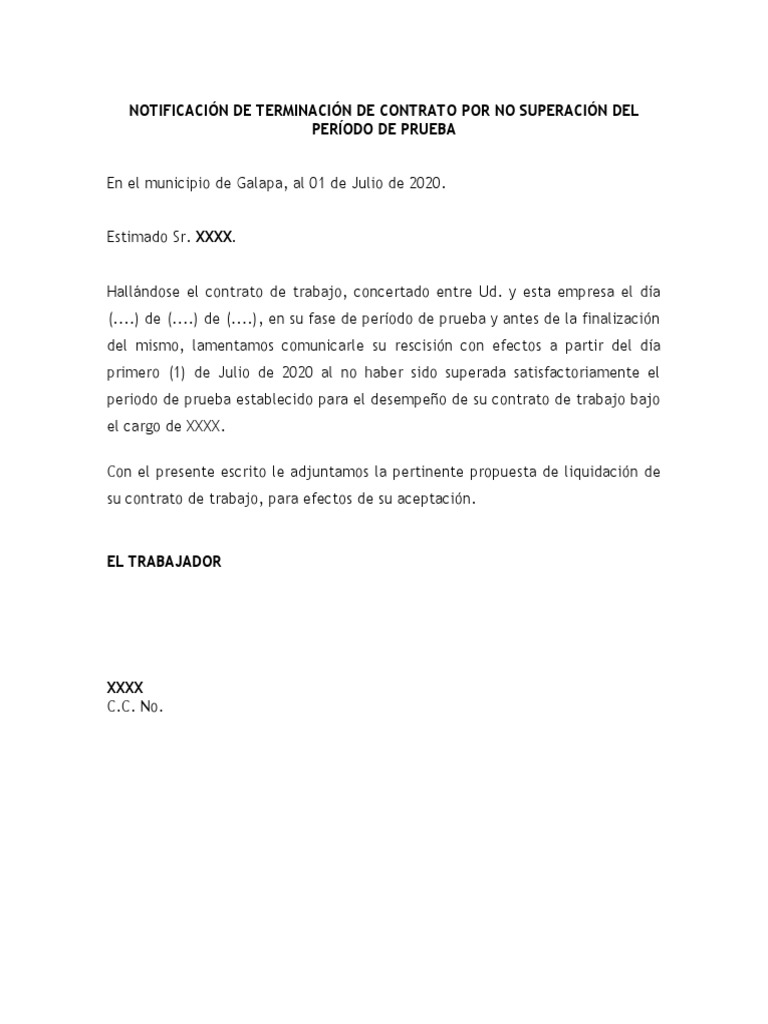 Carta Terminacion de Contrato Periodo de Prueba PDF
