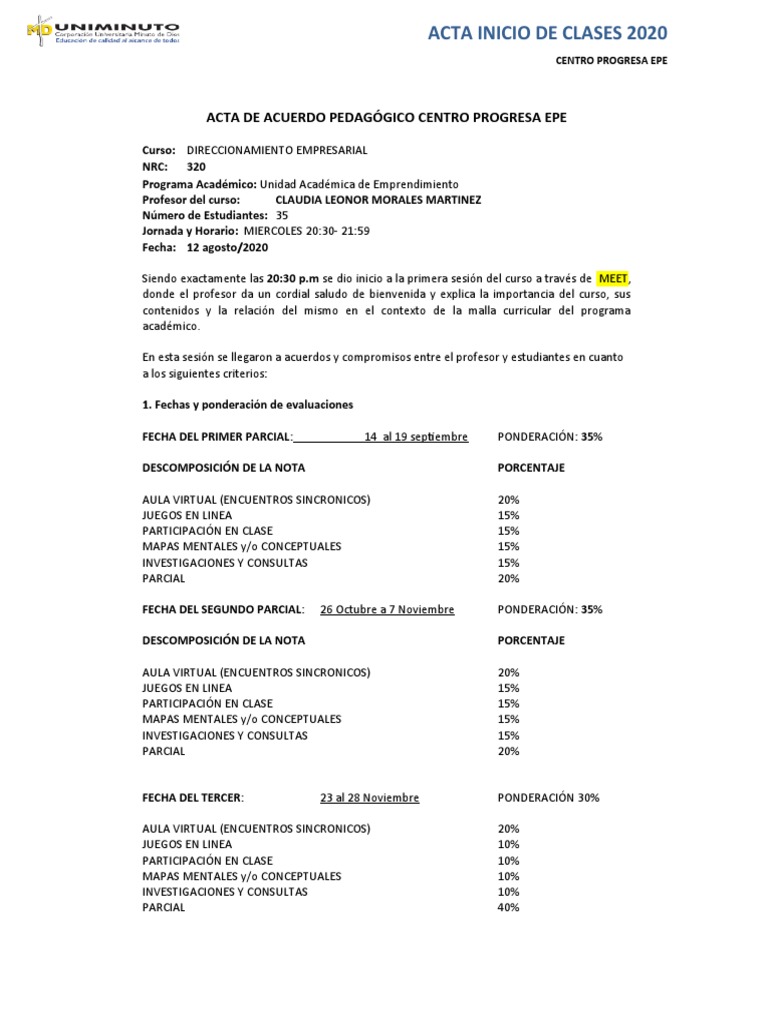ACTA DE INICIO DE CLASES Direccionaminto | PDF | Escuelas | Enseñando y ...