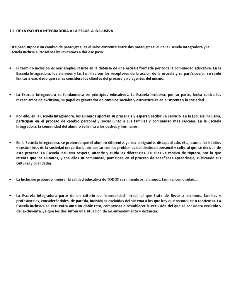 De la Escuela Integradora a la Inclusiva | PDF | Inclusión (Educación ...
