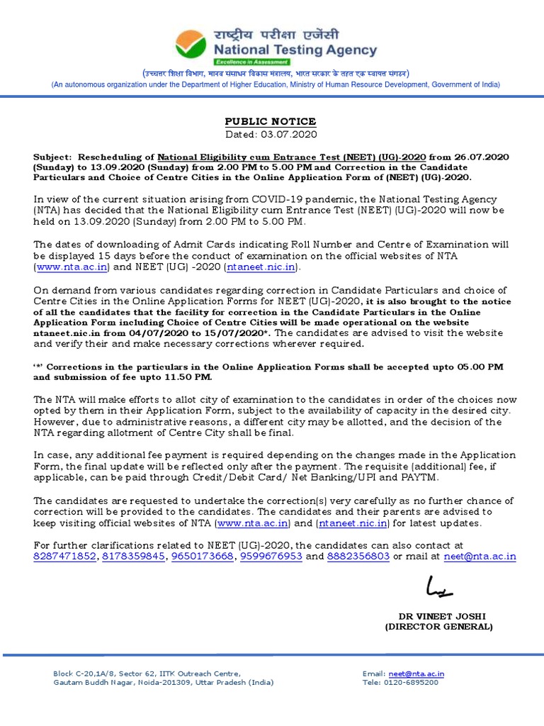 NEET UG 2020 Rescheduling Notice | PDF | Business