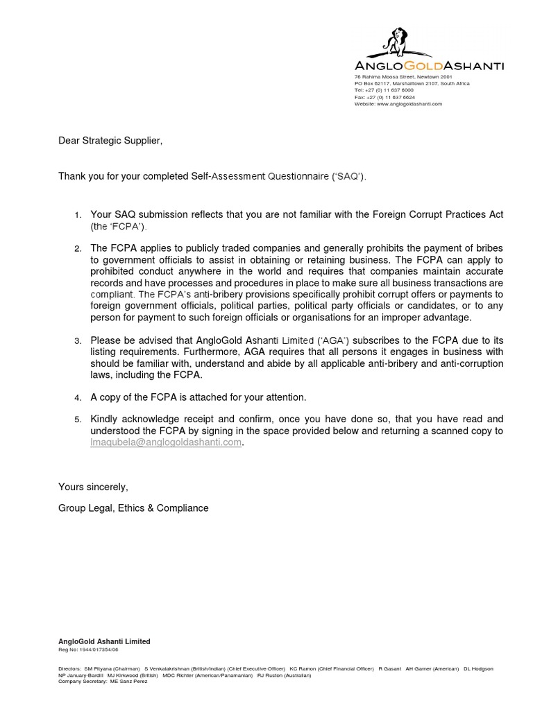 SAQ Compliance with FCPA Requirements | PDF | Common Law | Government ...