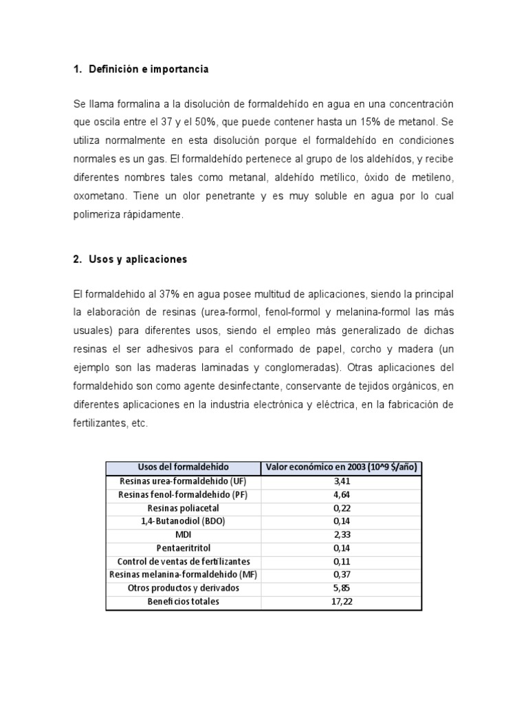 Usos y producción de formalina | PDF | Formaldehído | Motor a reacción