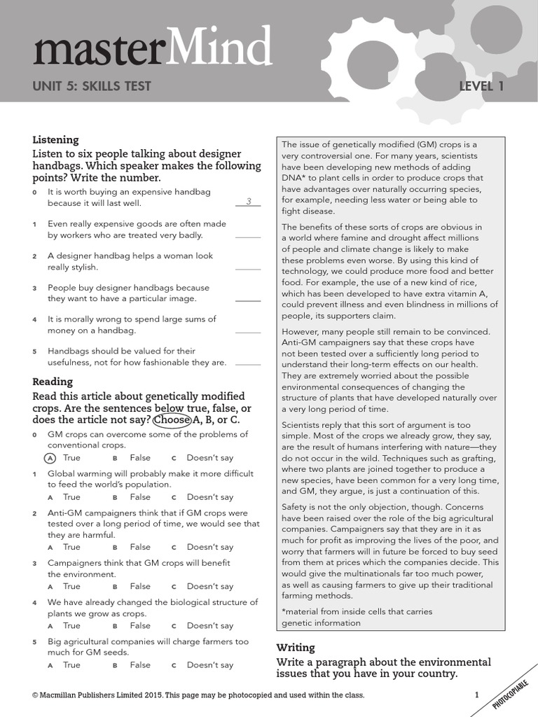 Mastermind 1 Unit 5 Skills Test | PDF | Genetically Modified Crops ...