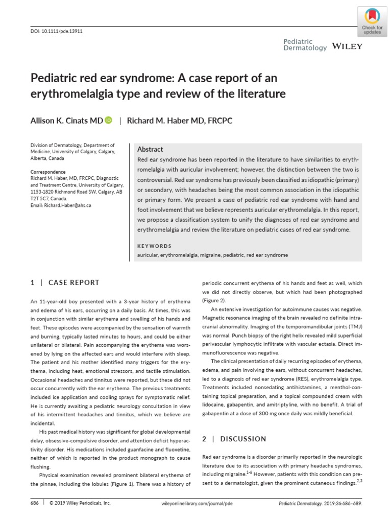 Pediatric Red Ear Syndrome A Case Report of An Erythromelalgia Type