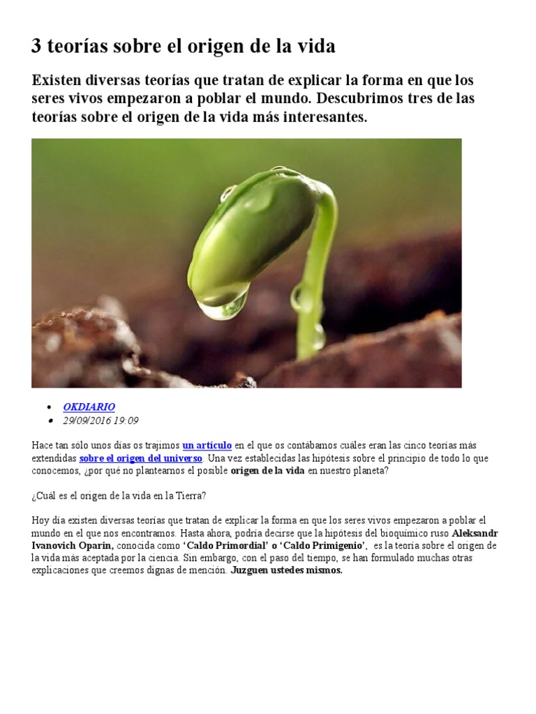3 Teorías Sobre El Origen de La Vida | PDF | Rna | Abiogénesis