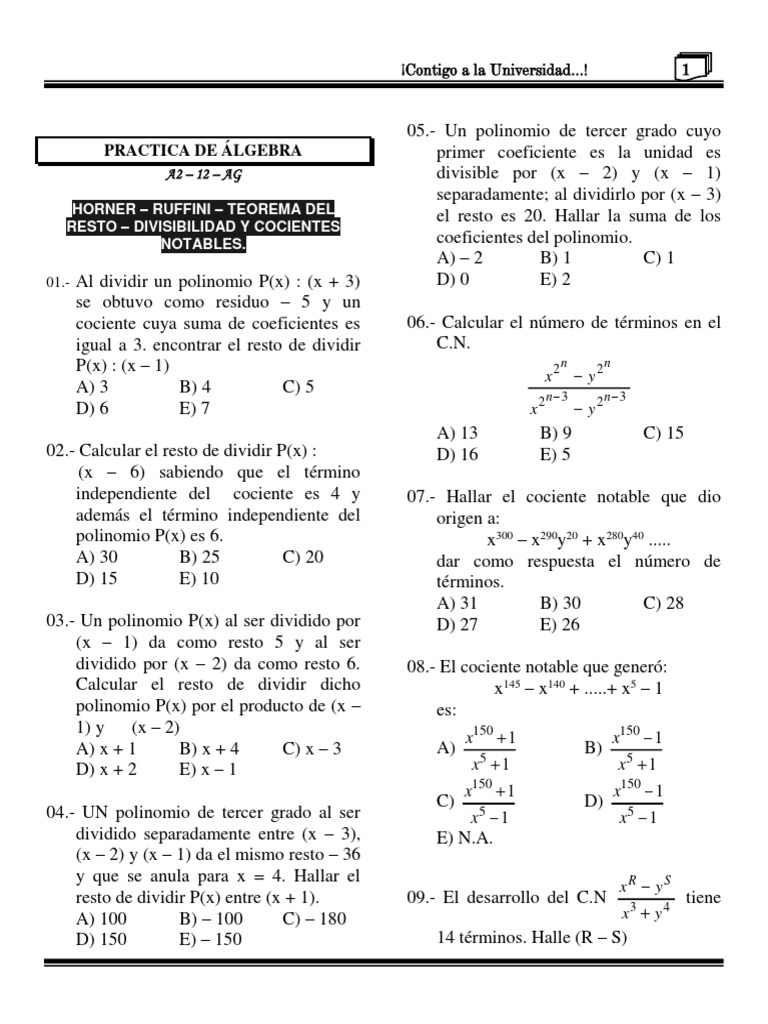 Horner - Ruffini - Teorema Del Resto - Divisibilidad y Cocientes ...