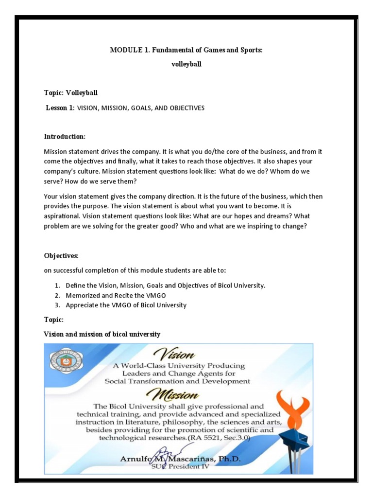 Defining Vision, Mission, Goals and Objectives: An Introduction to the ...