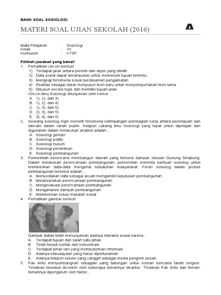 Bank Soal Sosiologi Ujian Sekolah 2016 Docx