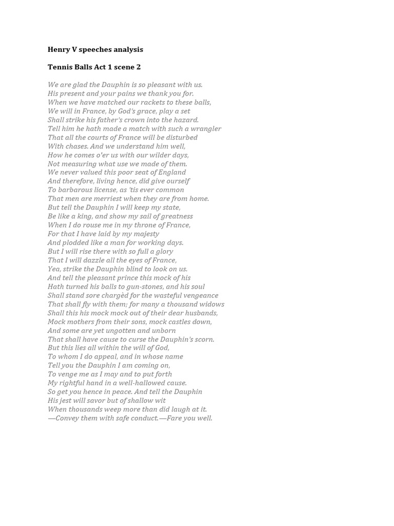 Henry V Speeches Analysis Tennis Balls Act 1 Scene 2 PDF Metaphor