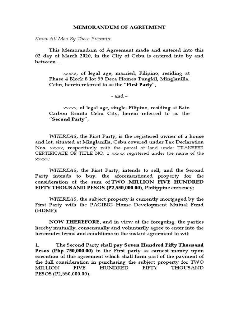 MEMORANDUM OF AGREEMENT Drafts PDF Mortgage Law Deed