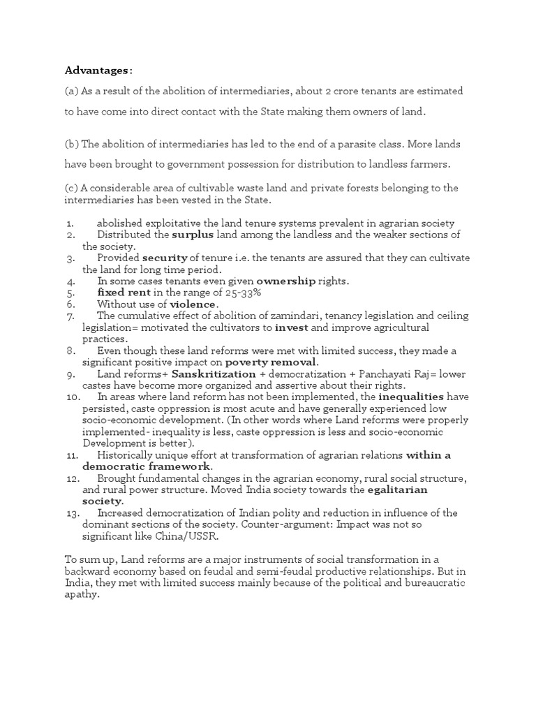 Advantages OF LAND REFORMS | PDF | Leasehold Estate | Land Reform