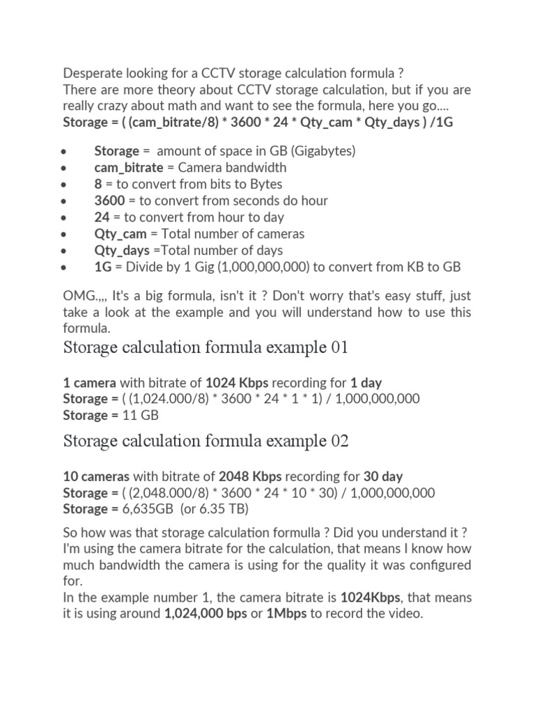CCTV Storage Calculation Formula Explained | PDF | Technology & Engineering