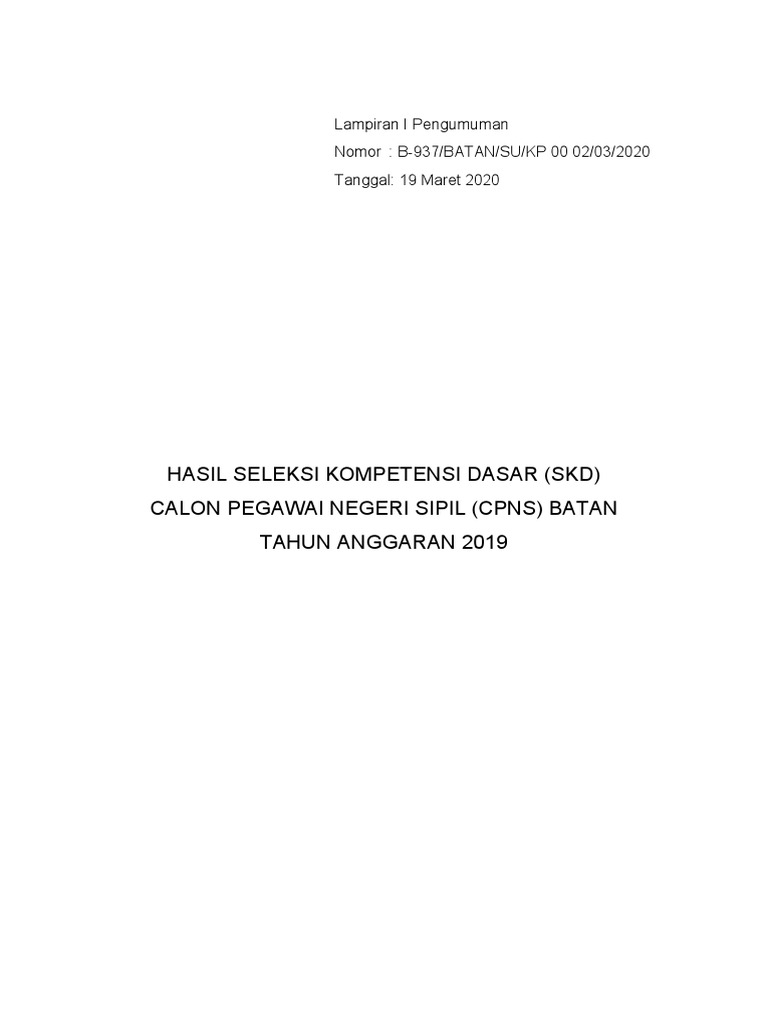 Lampiran I Pengumuman Hasil Skd Cpns 2019 Batan