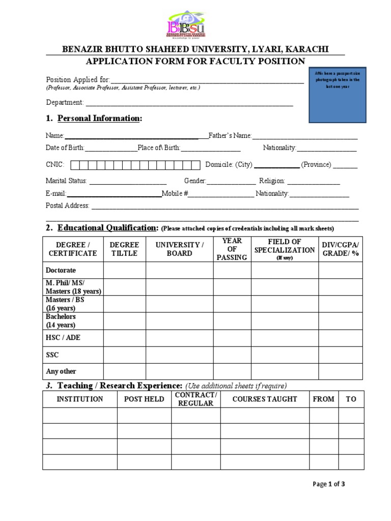 Application Form For Faculty Position | PDF | Academic Degree | Master ...