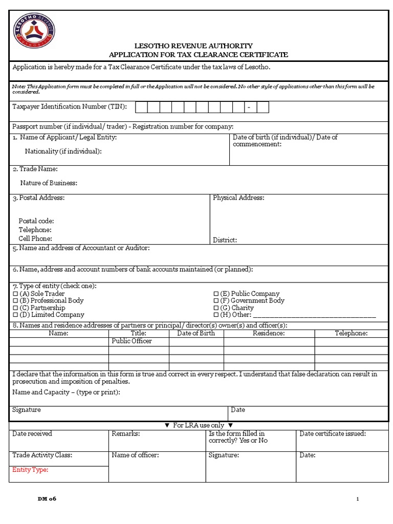 Lesotho Tax Clearance Certificate Application | PDF | Taxes | Payments