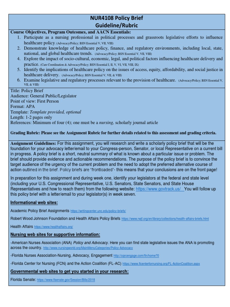 NUR4108 Policy Brief Guideline/Rubric Course Objectives, Program