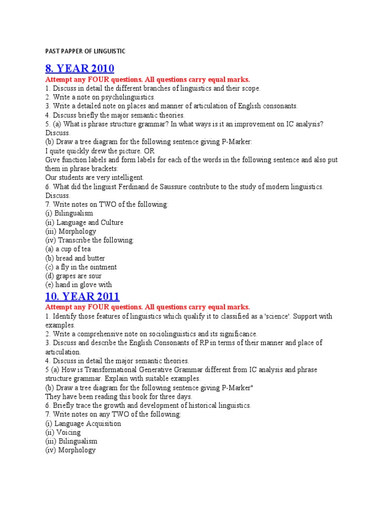 Linguistics Exam Questions Overview | PDF | Linguistics | English Language