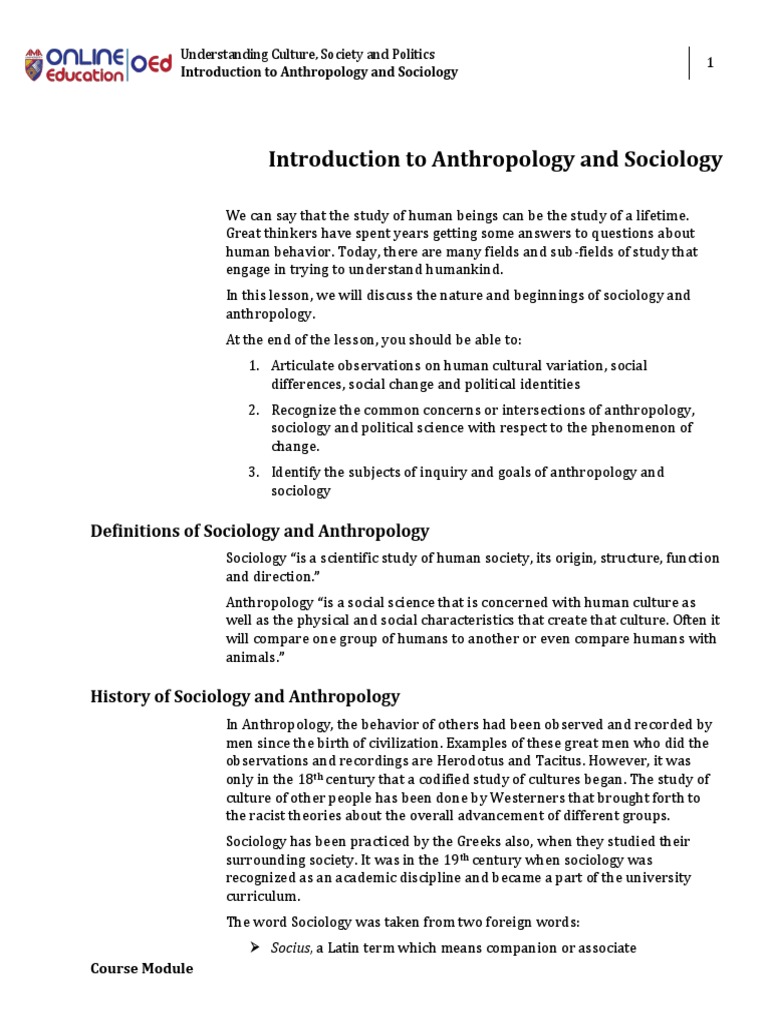 Lesson 1 Introduction To The Study of Culture, Society, and Politics ...