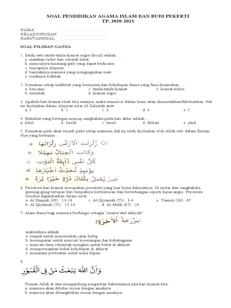 Soal Latihan Iman Kpd Hari Akhir Xii