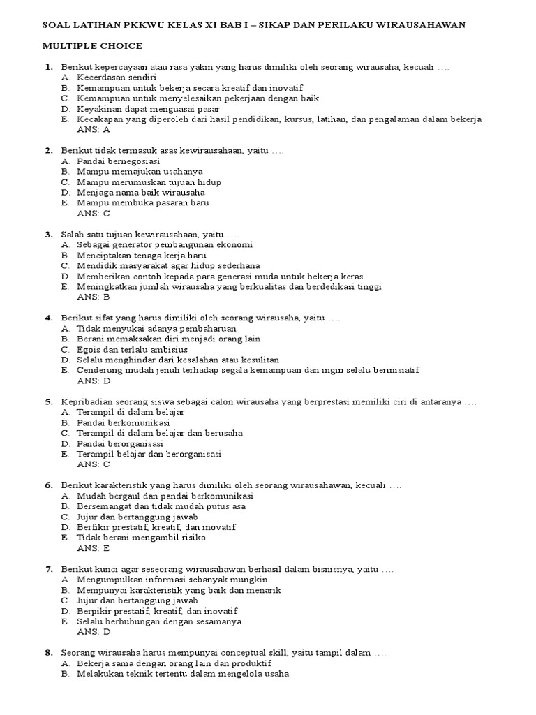 Soal Pkk Kelas Xi Sikap Dan Perilaku Wirausahawan Pdf